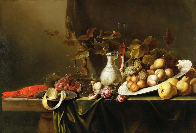 Fruit, flowers, a boiled lobster and a jug, Michiel Simons by Masterful Masters