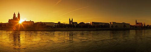 Maagdenburgse panorama bij zonsondergang