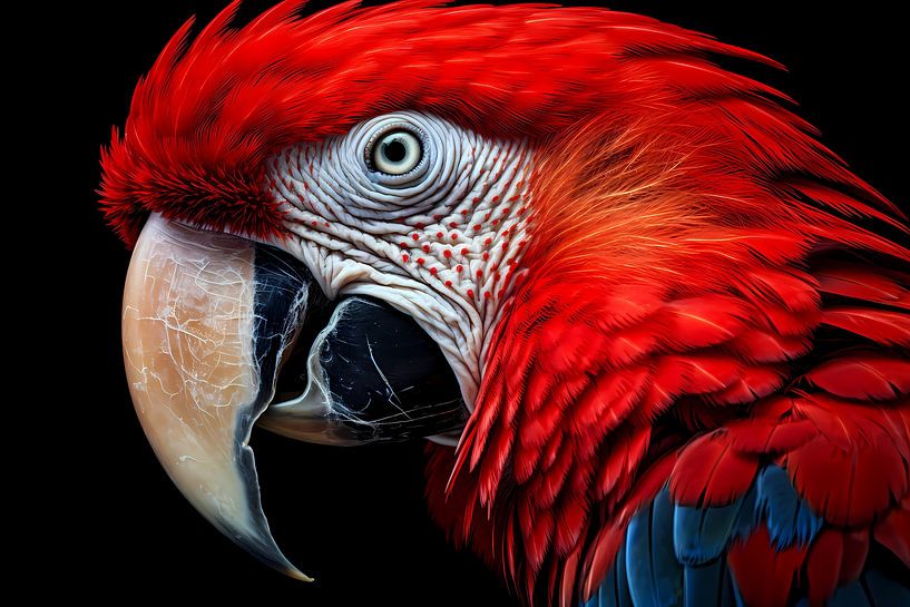 Hyperrealer roter Papagei auf schwarzem Hintergrund von Art & Soul Creations