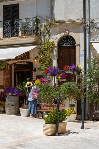 Sonnige italienische Gasse mit prächtigen Blumen