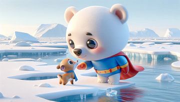 Un héros ours polaire sauve un chiot dans un monde blanc comme neige sur artefacti