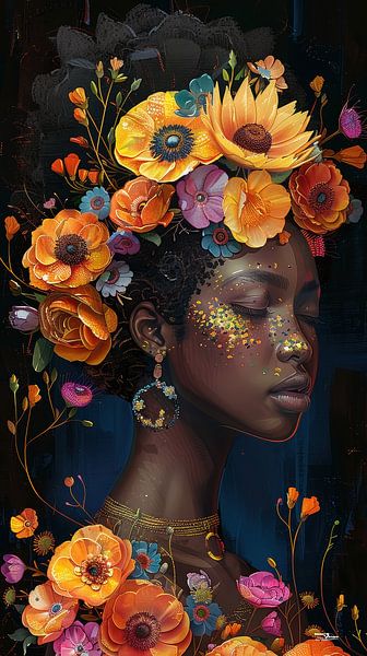 african woman with flowers by Gelissen Artworks
