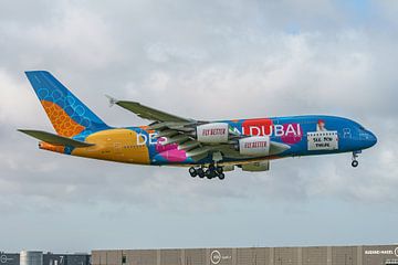 Emirates Airbus A380 with colourful livery. by Jaap van den Berg