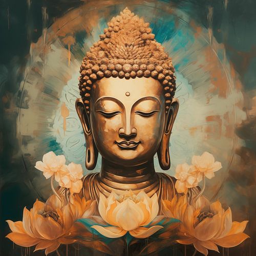 Buddha(boeddha) in bloemen geel lichte kleuren