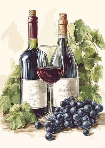 Vin rouge noble avec raisins et verres à vin