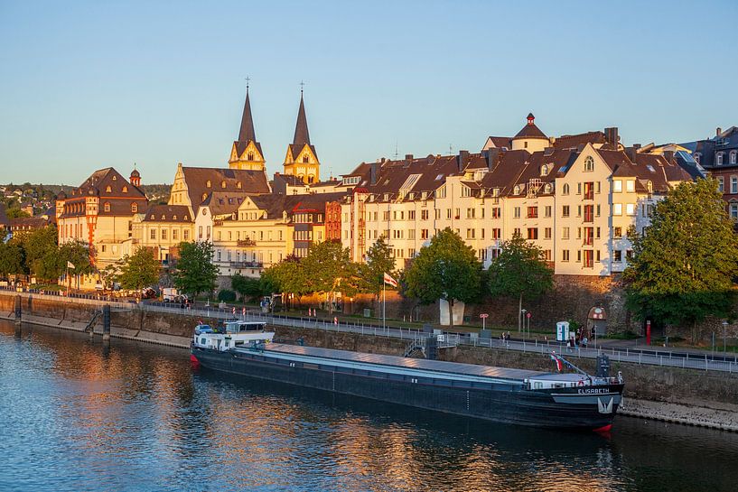 Peter-Altmeier-Bank at the Mosel with old town and barge in the evening light, Koblenz, Rhineland-Pa by Torsten Krüger