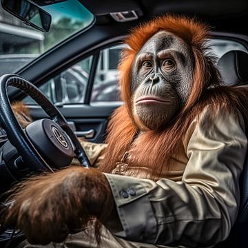 Orang-oetan achter het stuur van een auto van Luc de Zeeuw