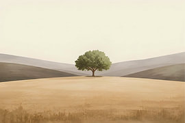 Minimalistische Landschaft mit Baum – Sanftes Beige, Braun & Salbeigrün