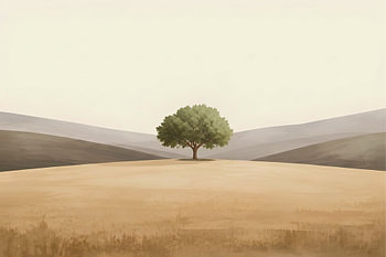 Minimalistische Landschaft mit Baum – Sanftes Beige, Braun & Salbeigrün