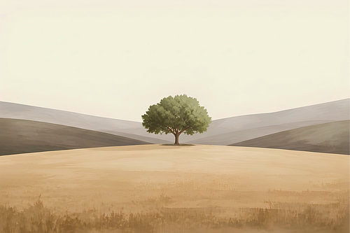 Minimalistische Landschaft mit Baum – Sanftes Beige, Braun & Salbeigrün