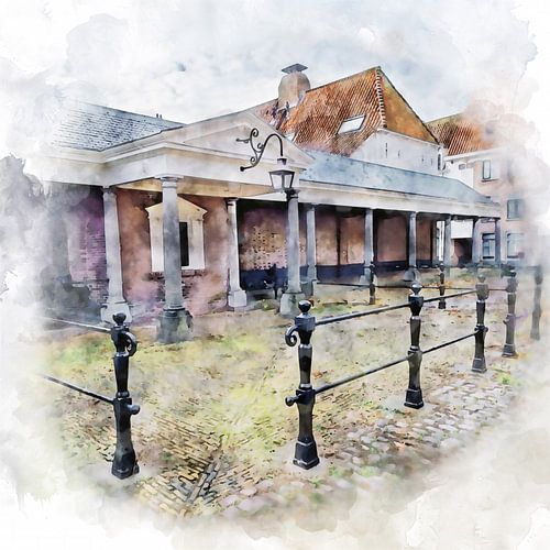 Aqurelschilderij van de oude vismarkt in Middelburg, Zeeland