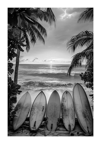 Surfboards on a tropical beach at sunrise by Poster Art Shop