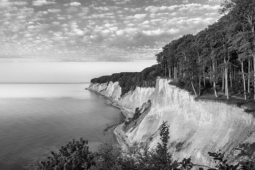 Chalk cliffs on the island of Rügen on the Baltic Sea in black and white.