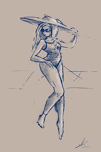 Frau mit Sonnenhut - beige und blau