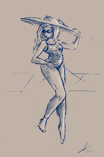 Vrouw met zonnehoed - beige en blauw