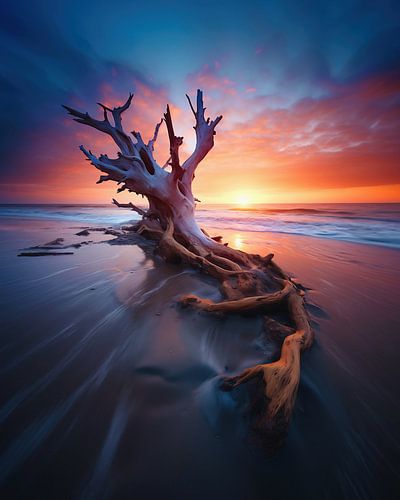 Drijfhout aan zee in romantisch licht