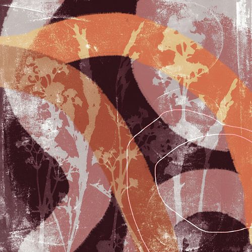 Abstract Retro Botanisch. Bloemen, planten en bladeren in oranje, rood, bruin, wit