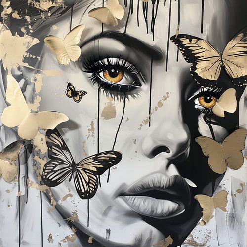 Portret van een  dame omringd met gouden vlinders