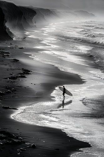 Lonely surfer on the beach with surfboard at sunset