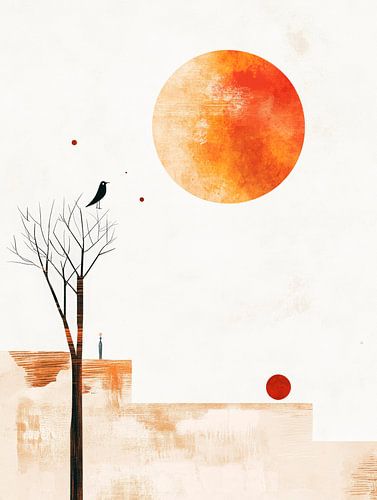 Abstract landschap met maan en vogel