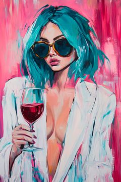 Vrouw met blauw haar en rode wijn - Levendig van Poster Art Shop