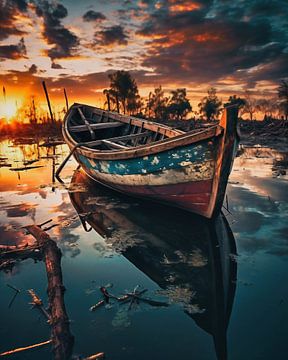 Boot in India bij zonsopgang van fernlichtsicht