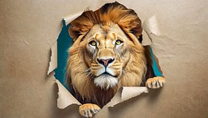 Le lion regarde dans un trou déchiré du côté du papier, isolé sur Animaflora PicsStock