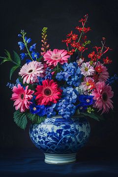 Bloemrijk stilleven in een Delfts blauwe vaas van De Muurdecoratie