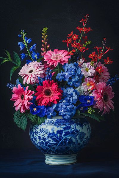 Blumenstillleben in einer blauen Delfter Vase von Art & Soul Creations