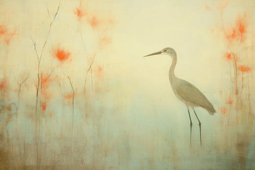 Modern landschap in pastelkleuren met reiger