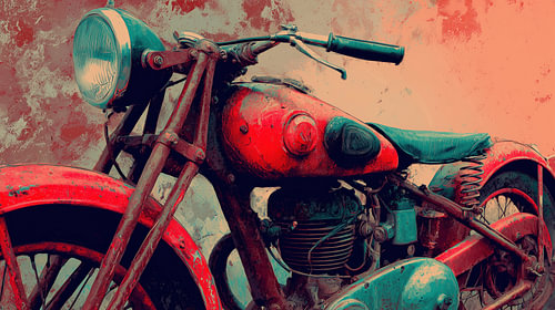 Rotes Retro-Motorrad – künstlerisches Panorama