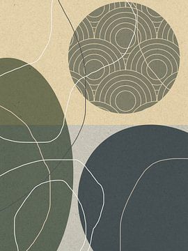 Abstrakte geometrische organische Formen und Linien in Grau, Grün und Beige. von Dina Dankers