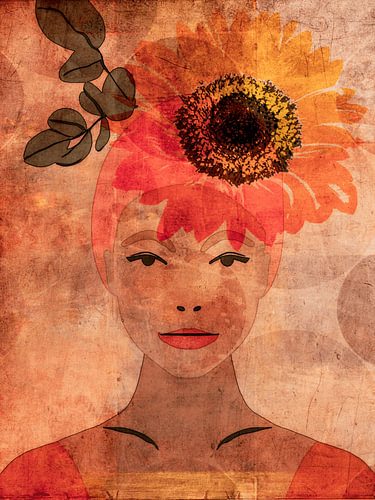 Portrait of a Woman with a Sunflower – Modern Botanical Artwork in Warm Earthy Tones