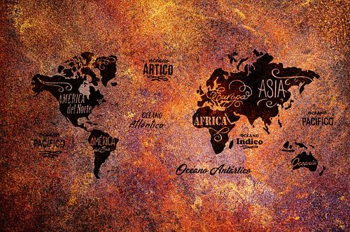 Wereldkaart in roest kleur.