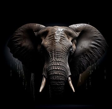 Schwarz-Weiß-Fotowiedergabe eines Elefantenkopfes vor schwarzem Hintergrund