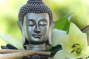 Buddha mit weißer Lilienblüte