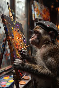Creative Monkey With Beret Painting On Canvas by Felix Brönnimann