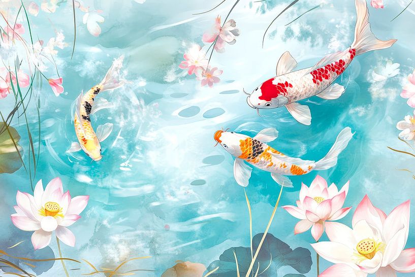Koi fish in a pond with water lily flowers by Poster Art Shop