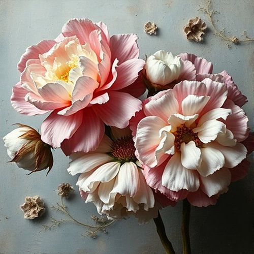 een pastel kleurrijk romantisch werk van pioen rozen bloemen