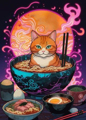 Oranje kat in Ramen Bowl