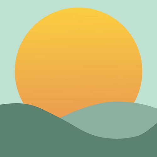 Minimalist Sunset Landscape Illustration with Rolling Hills and Warm Sun