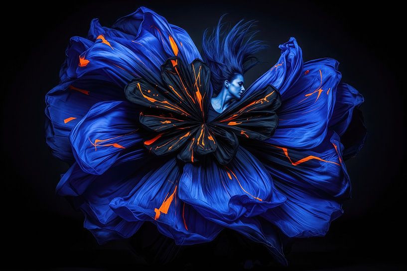 Frau mit blauer Haut, umgeben von Stoffschichten von Markus Gann