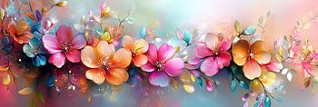 Bloemenexplosie in levendige kleuren en penseelstructuur panorama
