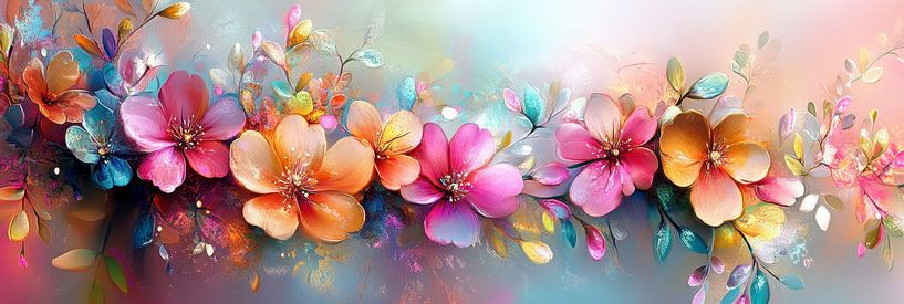 Floral explosion in vibrant colours and brush textured panorama by Digitale Schilderijen