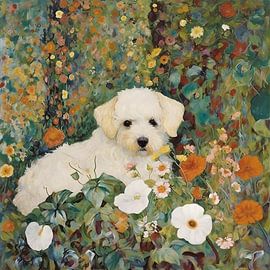 Champ de fleurs avec un chiot