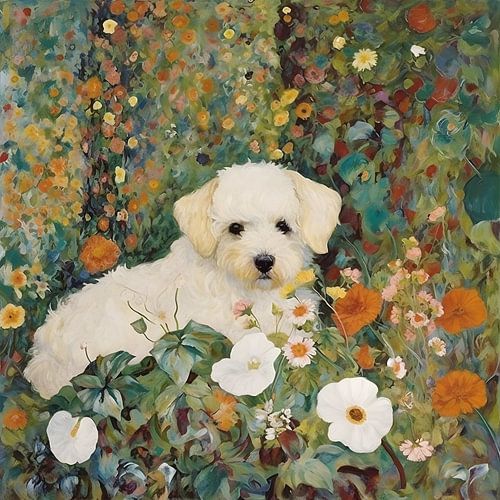 Blumenfeld mit Welpe von Artsy
