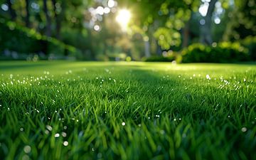 Beautiful blurred background image of spring nature with a neatly trimmed lawn surrounded by trees on a bright sunny day. by de-nue-pic