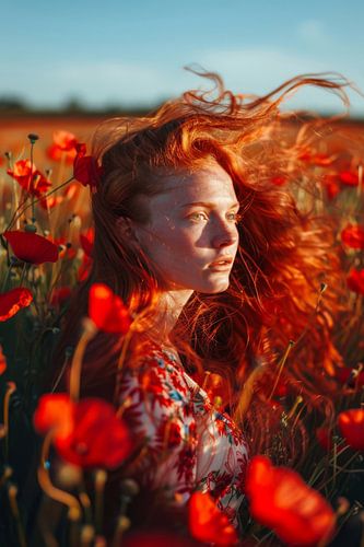 Rode bloemen en gouden haar
