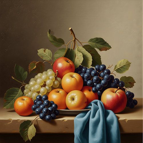 Nature morte classique peinte représentant un plateau de fruits frais sur une table