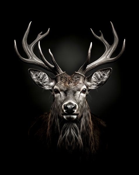 dramatic portrait of a red deer with large antlers by Margriet Hulsker